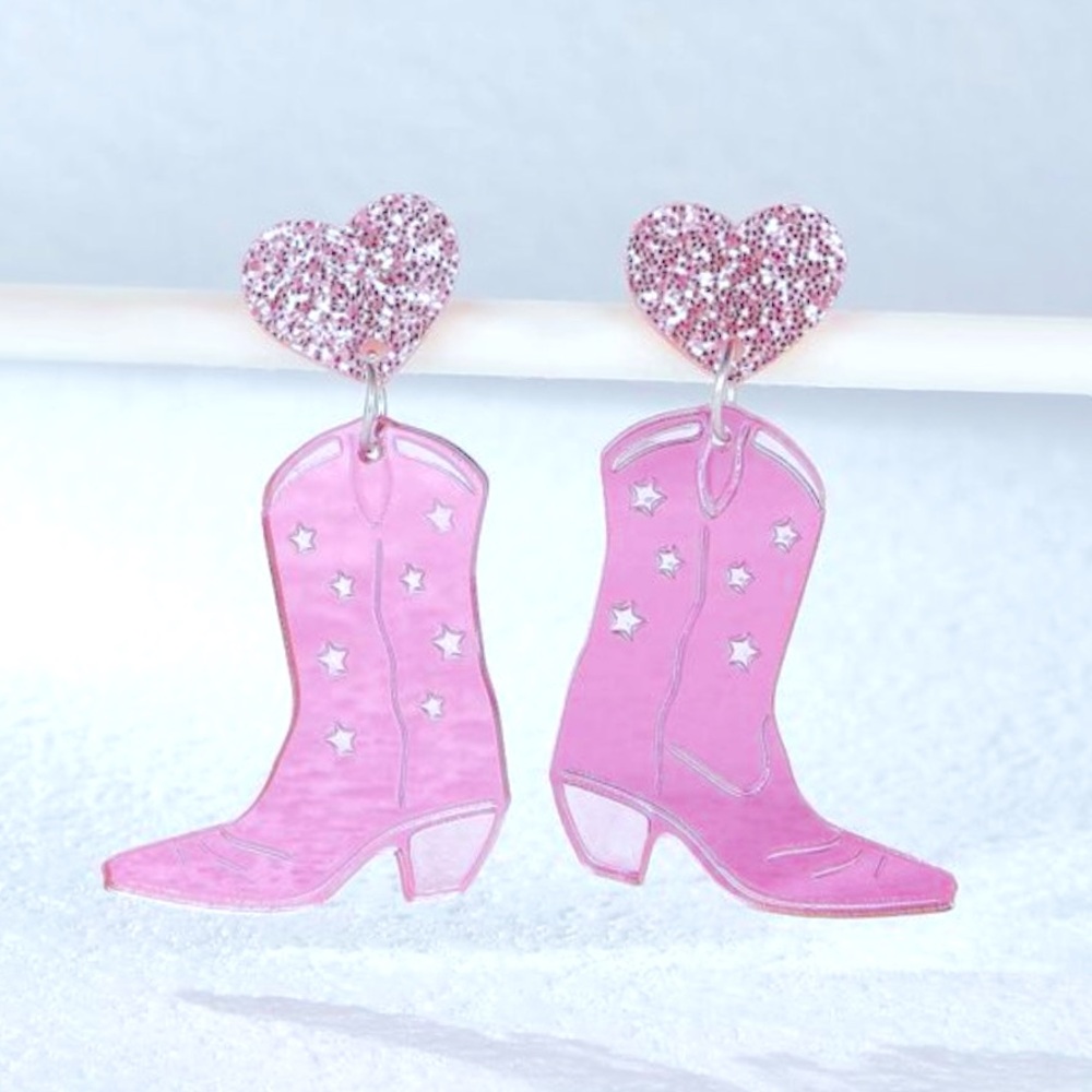 Pink Cowgirl Boot Earring Pink Glitter Heart Stud Western Girly Fashion Jewelry